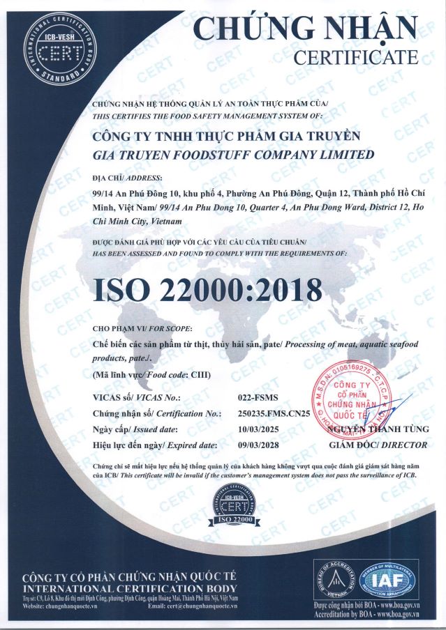 Chứng nhận ISO 22000 Công Ty TNHH Thực Phẩm Gia Truyền